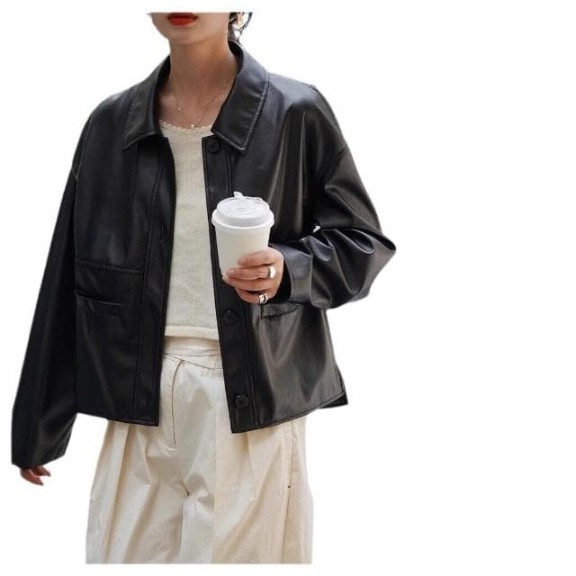法式黑色皮衣女寬松短款小個子皮夾克外套女 翻領皮夾克外套大衣 純色寬鬆外套上衣開衫 法式通勤氣質優雅風外搭 七夕生日禮物