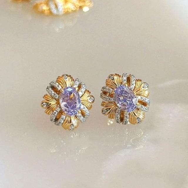 紫荊花緞帶耳釘 耳環 耳針 耳飾 鋯石 復古 滿鑽 氣質百搭 套裝 套組