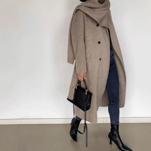 秋冬走秀設計圍巾款雙面羊毛大衣雙排扣輕奢長款外套25年女