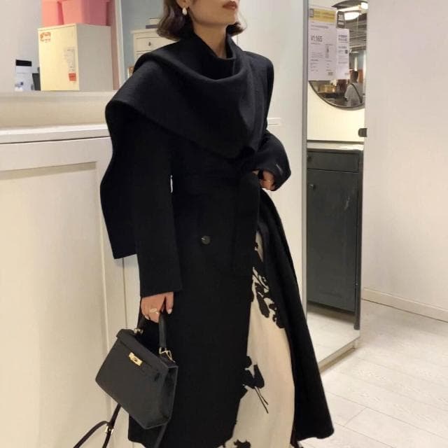 秋冬走秀設計圍巾款雙面羊毛大衣雙排扣輕奢長款外套25年女