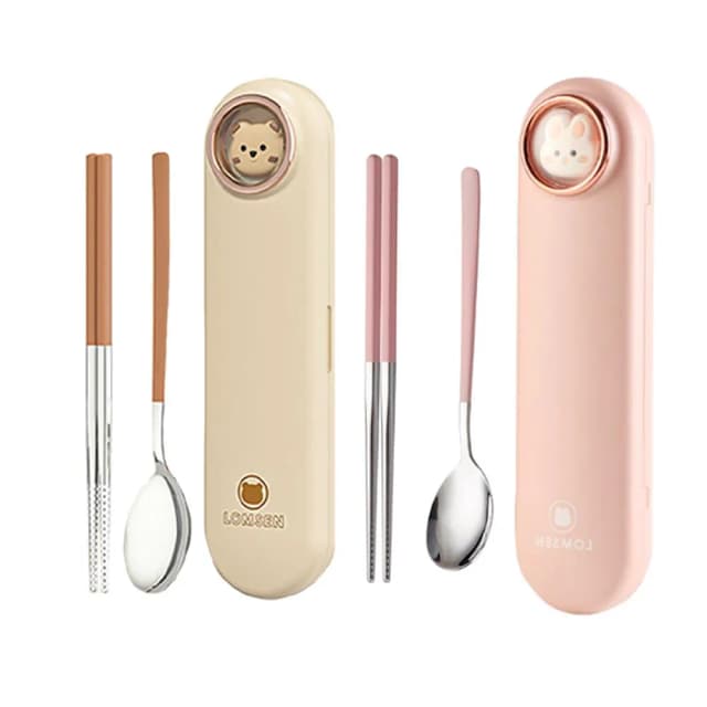 〖美佳小舖〗三件組 304不鏽鋼立體造型熊兔餐具組 (筷子+湯匙+盒子) 旅行組 方便攜帶 上班族 學生餐具 衛生環保