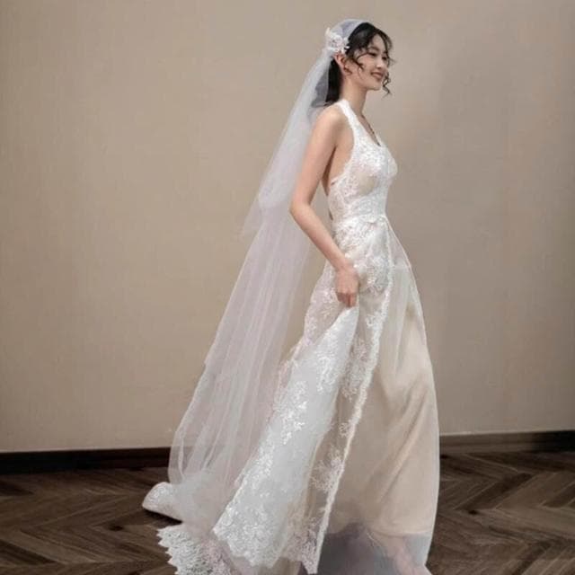 新娘婚禮晨袍晚宴生日聚會森系超仙韓式蕾絲輕婚紗高級感掛脖禮服