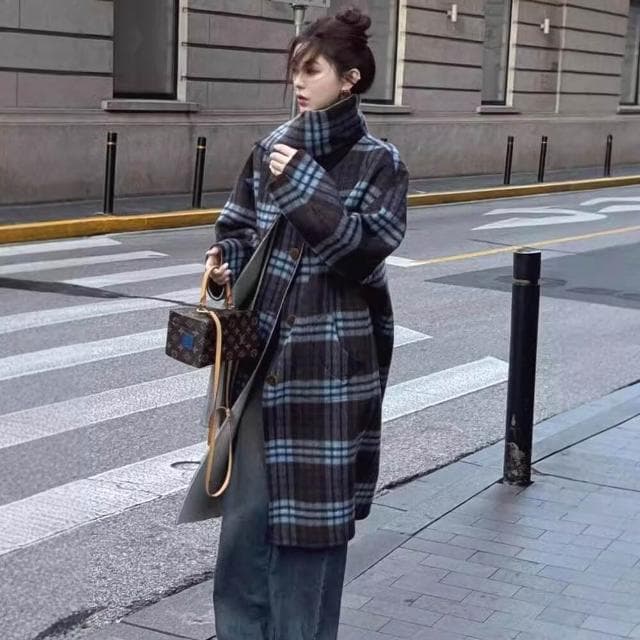 高級感韓系雙面羊毛大衣寬松格子圍巾雙面呢中長款羊毛呢子外套女