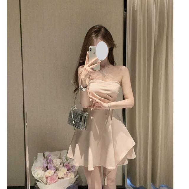 新款生日小禮服溫柔風粉色不規則下擺收腰性感短裙抹胸連衣裙女