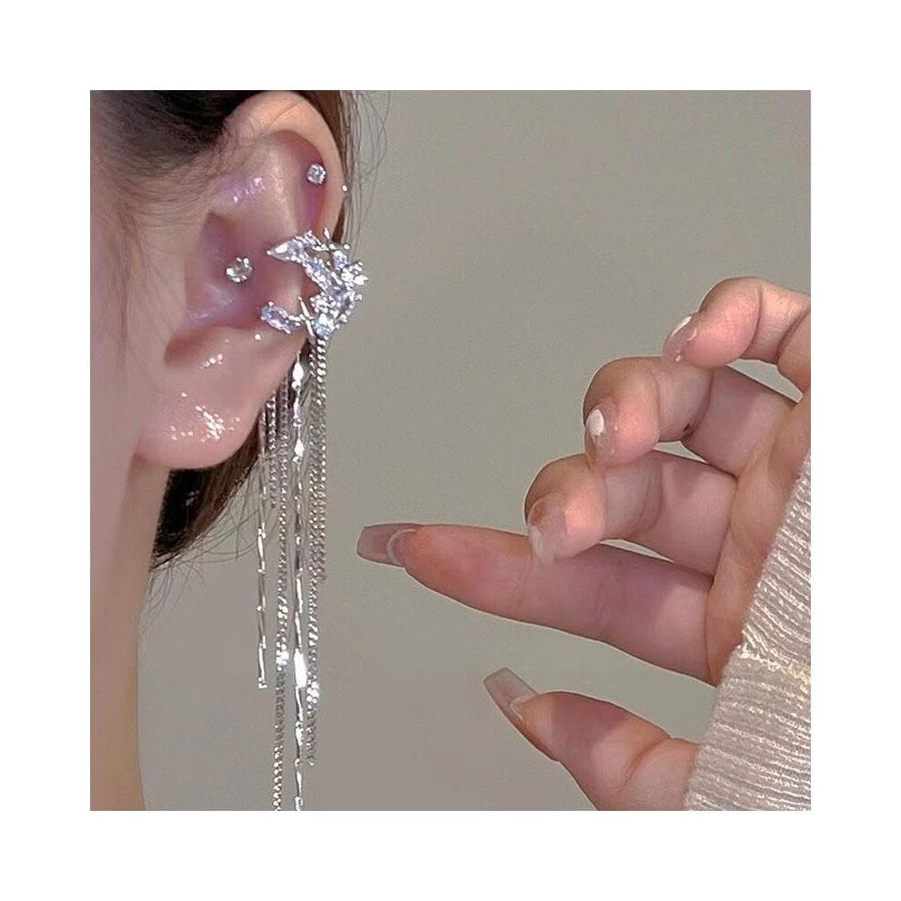 耳環锆石芒星月亮耳環女流蘇無耳洞耳夾氣質長款冷淡風月神降臨仙氣耳看不膩超閃耳環耳飾飾品不褪色百搭禮物輕盈精緻輕奢高級韓國