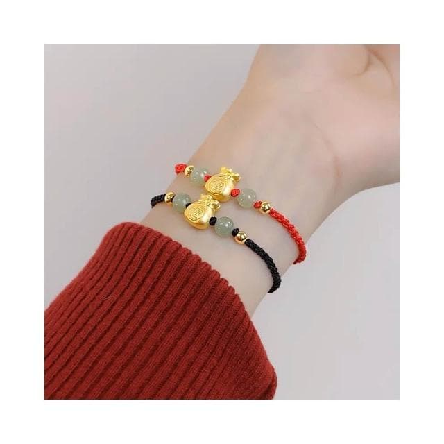 【開運堂】現貨 招財錢袋銅鍍金手工編織手繩招財平安中國風和田玉手飾小眾設計國潮情侶手鍊