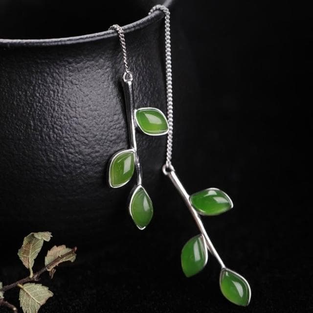 【MoonDy】樹葉吊墜耳環 和田玉配飾 碧玉耳環 純銀飾品 天然玉石 長款耳飾 古風耳環