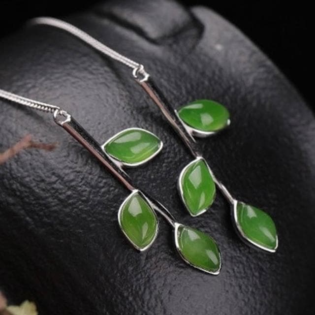 【MoonDy】樹葉吊墜耳環 和田玉配飾 碧玉耳環 純銀飾品 天然玉石 長款耳飾 古風耳環