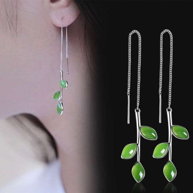 【MoonDy】樹葉吊墜耳環 和田玉配飾 碧玉耳環 純銀飾品 天然玉石 長款耳飾 古風耳環