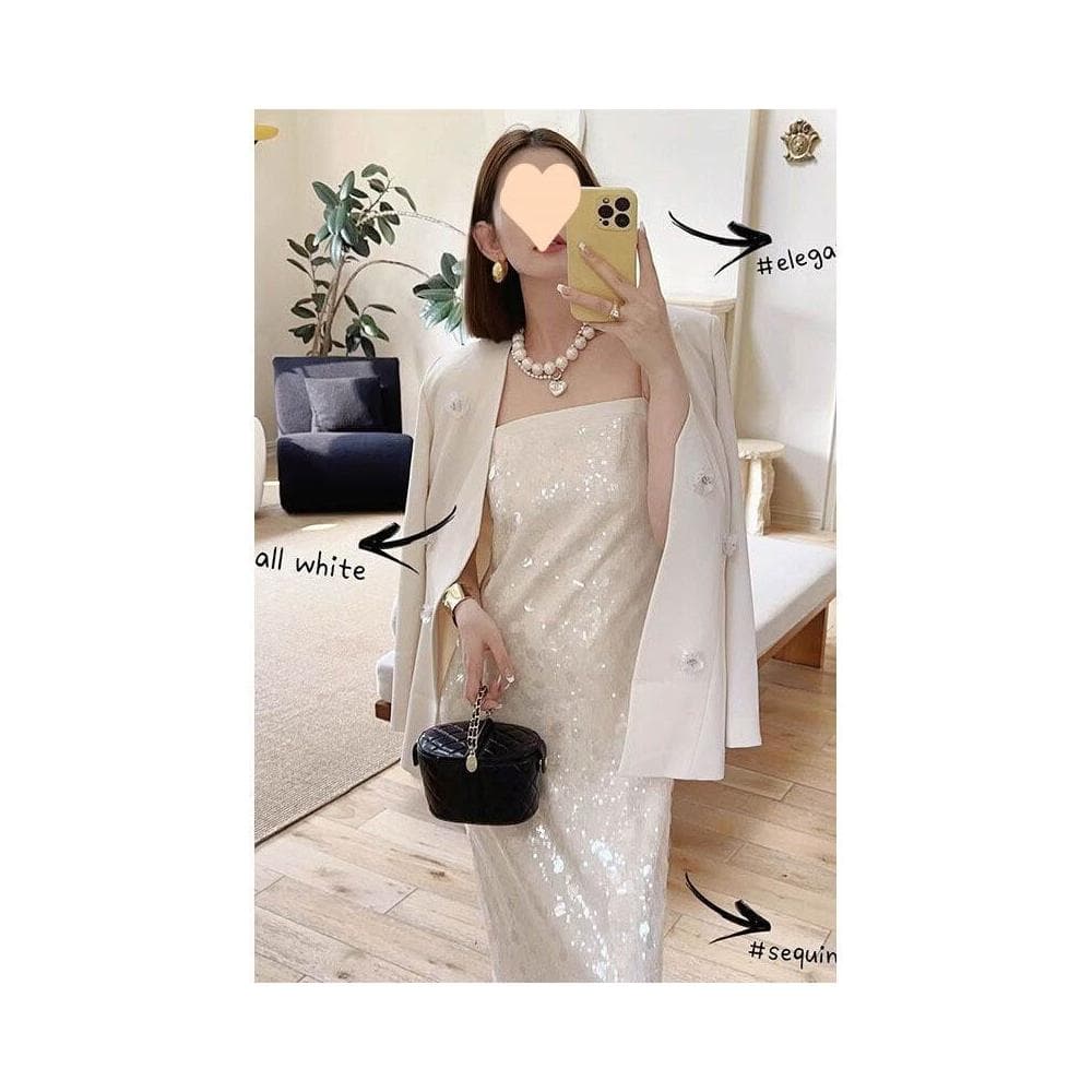 含税 法式小眾吊帶亮片禮服套裝連衣裙高級質感聚會氣質生日派對中長裙