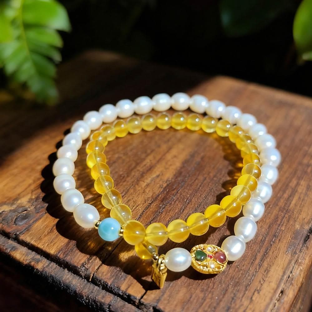 【Paiya 派亞】5.7MM淡水珍珠藍珀雙圈手串手鏈