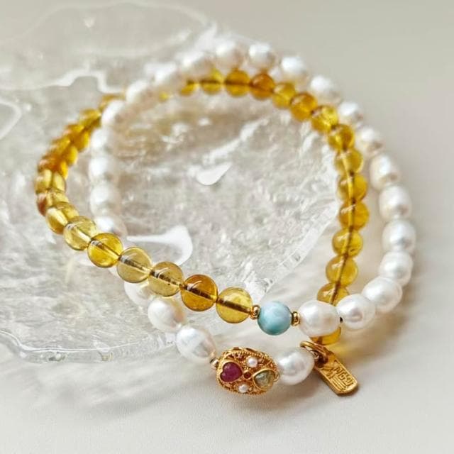 【Paiya 派亞】5.7MM淡水珍珠藍珀雙圈手串手鏈