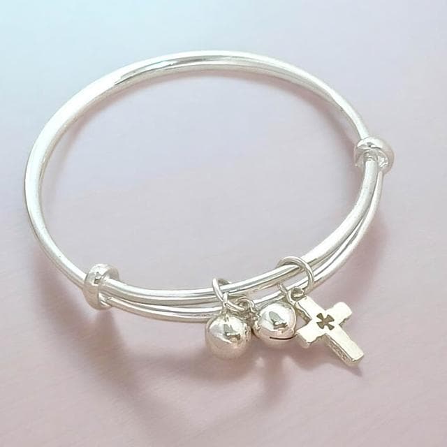 【珠兒綠】999純銀幸福十字架搖鈴手鐲 嬰兒|兒童|成人尺寸 純銀手鐲 彌月禮物 周歲禮物 新年禮物