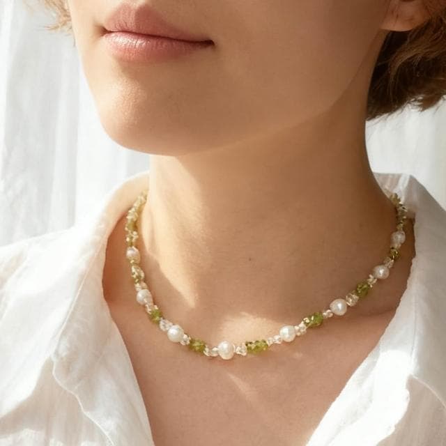 【Paiya 派亞】原創輕奢小眾橄欖石隨行淡水珍珠項鏈可加買7-8mm珍珠耳釘s925耳針 三選一