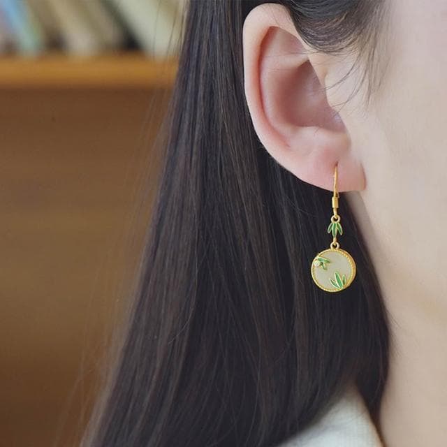 【MoonDy】竹葉琺瑯耳飾 鈎型耳環 和田玉耳環 純銀飾品 女生飾品 復古銀飾 吊墜耳環 新中式配飾
