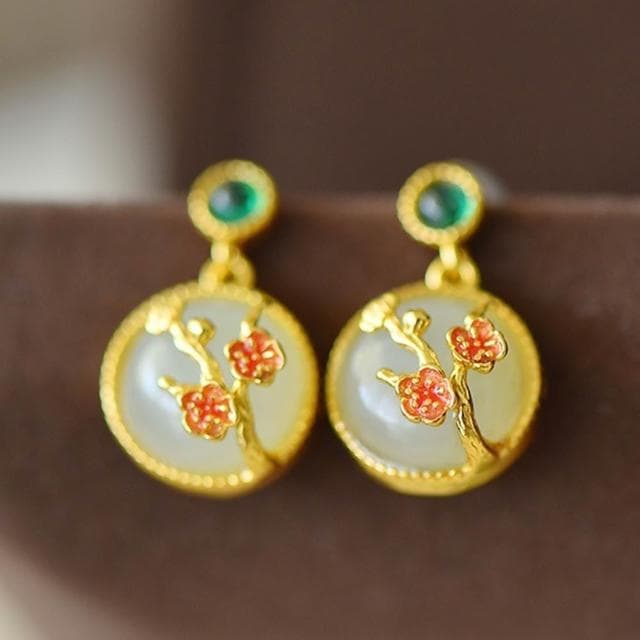 【MoonDy】梅花耳環 白玉飾品 耳釘耳環 純銀耳環 吊墜耳環 和田玉飾品 女生飾品 天然玉石 復古耳飾