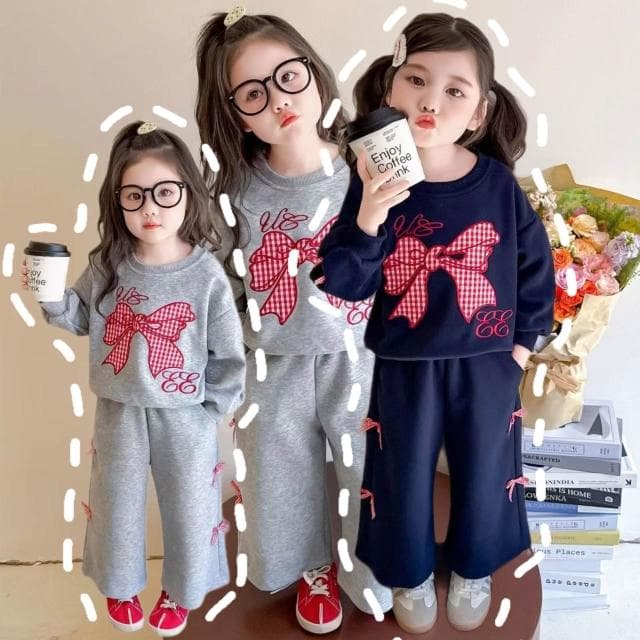 【Arbea】女寶寶春秋套裝新款兒童洋氣蝴蝶結衛衣甜美闊腿褲女孩兩件套【C1267】