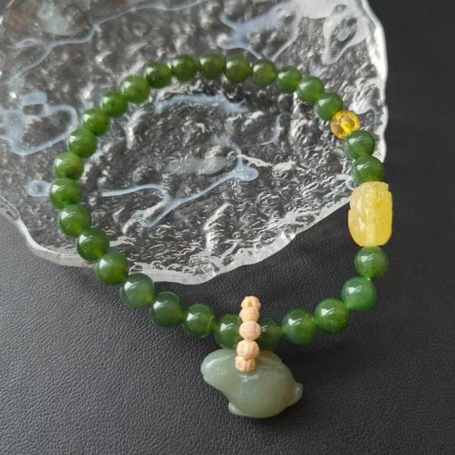 【Paiya 派亞】天然6MM和田玉碧玉小兔子蜜蠟貔貅金珀手鏈手串