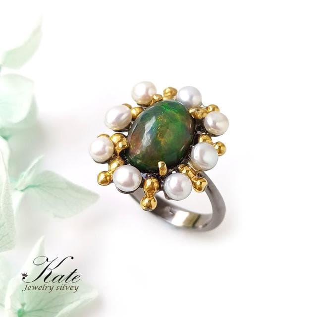 【KATE】銀飾 手工珠寶天然黑蛋白石珍珠純銀戒指 蛋白石戒指 十月生日石 澳寶戒指 #14生日禮物 情人禮物