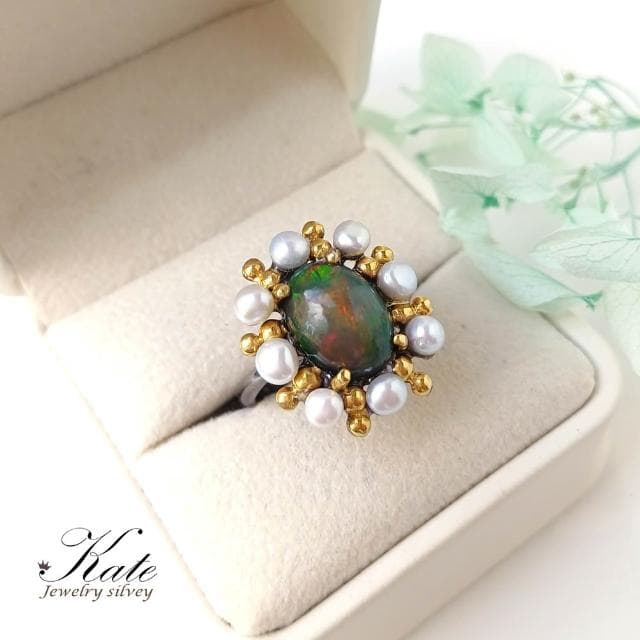 【KATE】銀飾 手工珠寶天然黑蛋白石珍珠純銀戒指 蛋白石戒指 十月生日石 澳寶戒指 #14生日禮物 情人禮物