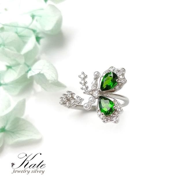 【KATE】銀飾 天然透輝石純銀戒指 翩飛蝴蝶 祖母綠姊妹石 鉻透輝石 活圍 綠色寶石戒指 生日禮物 情人禮物)