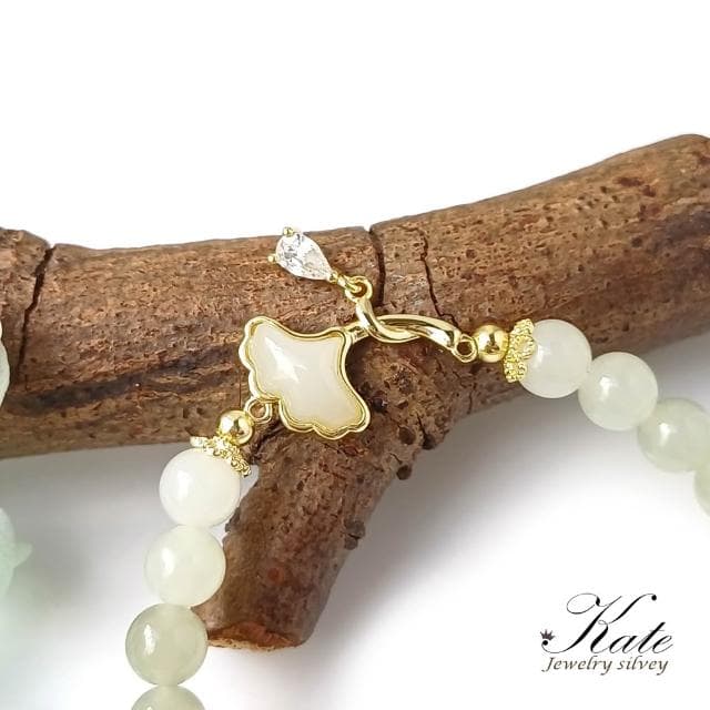 【KATE】銀飾 銀杏葉天然和闐玉純銀手珠 玉手環 玉潤冰晶 漸層和闐玉 和田玉 平安玉 玉手珠 生日禮物 情人禮物