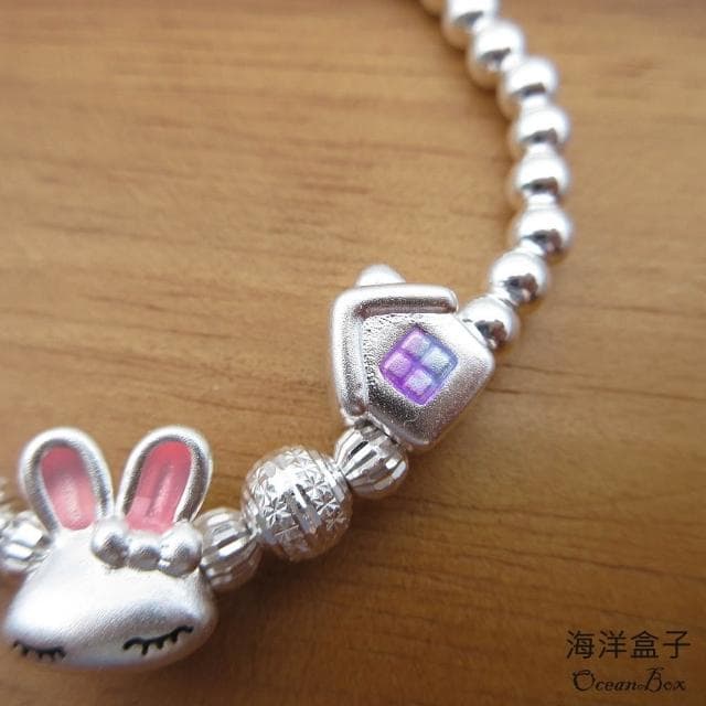 【海洋盒子】童趣小兔子光珠S999足銀純銀手鍊.彈性手圍(附贈禮盒.拭銀布)