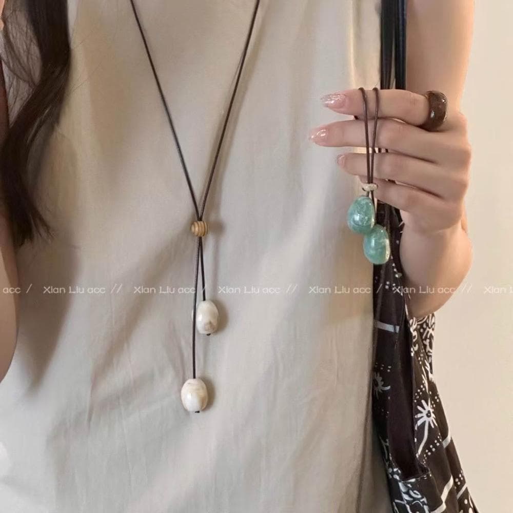 項鏈 綠色木質圓珠長款項鏈吊墜繩女款森系設計毛衣鏈小眾掛脖配飾 項鍊女珍珠項鍊時尚百搭吊墜項鍊長項鍊飾品毛衣鍊生日禮物