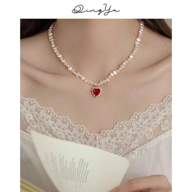 項鏈法式宮廷少女紅水鉆包邊愛心吊墜珍珠項鏈小眾設計鎖骨鏈 項鍊女珍珠項鍊時尚百搭吊墜項鍊長項鍊飾品毛衣鍊生日禮物