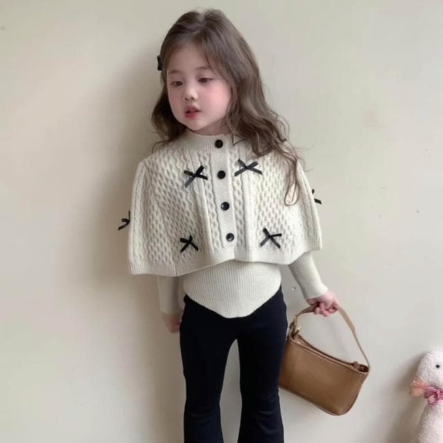 【Arbea】秋季女童韓版蝴蝶結斗篷毛衣兒童洋氣針織衫外套上衣童裝套裝【C1277】