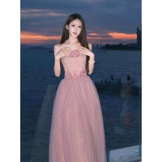 粉色甜美抹胸裙生日晚宴晚禮服輕奢小眾收腰連衣裙女夏季氣質長裙