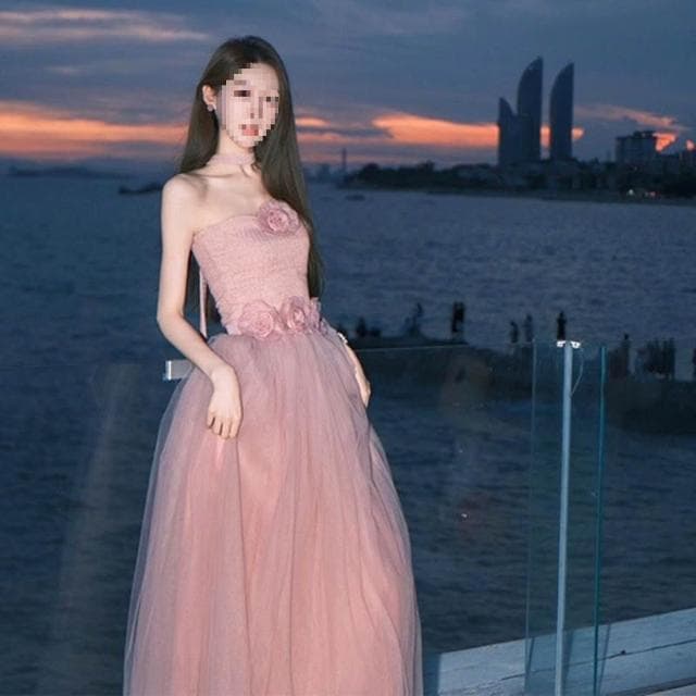 粉色甜美抹胸裙生日晚宴晚禮服輕奢小眾收腰連衣裙女夏季氣質長裙