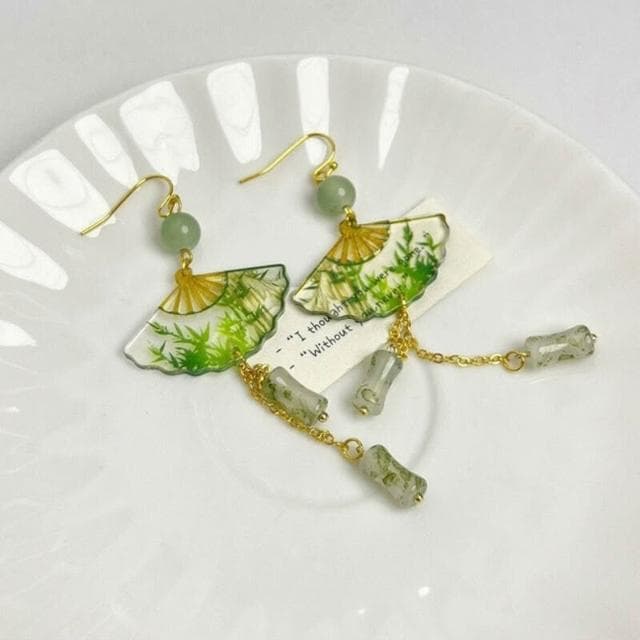 耳環新中式折扇青竹耳環國風透明女小眾古風漢服竹節耳墜新款耳飾輕盈精緻輕奢高級韓國不過敏看不膩耳環耳飾飾品配禮服百搭禮物