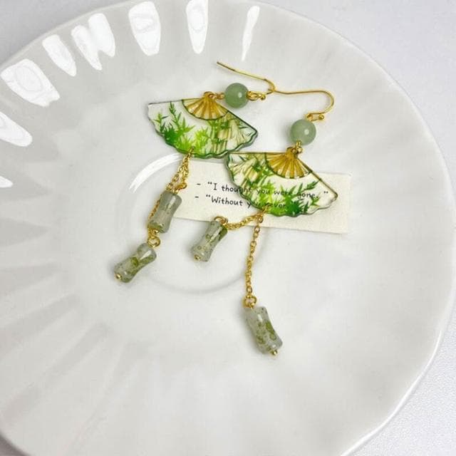 耳環新中式折扇青竹耳環國風透明女小眾古風漢服竹節耳墜新款耳飾輕盈精緻輕奢高級韓國不過敏看不膩耳環耳飾飾品配禮服百搭禮物