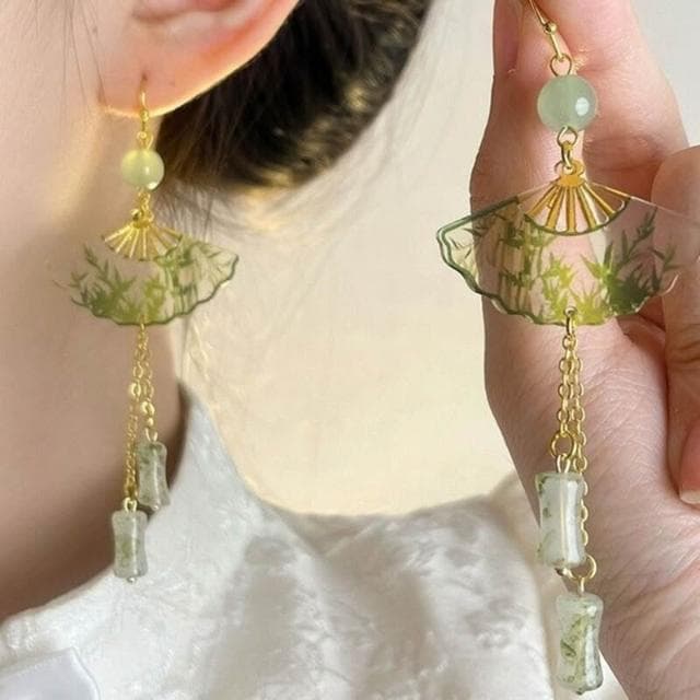 耳環新中式折扇青竹耳環國風透明女小眾古風漢服竹節耳墜新款耳飾輕盈精緻輕奢高級韓國不過敏看不膩耳環耳飾飾品配禮服百搭禮物