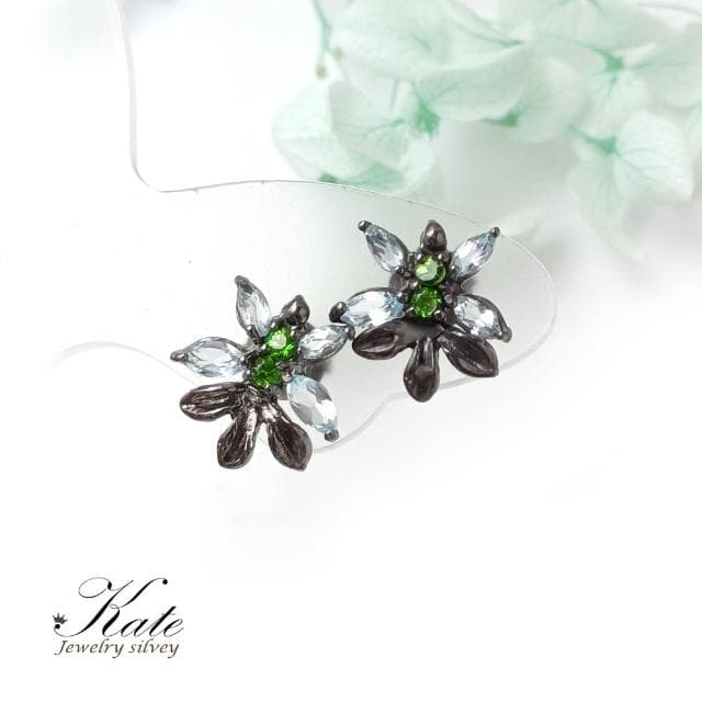 【KATE】銀飾 古典花朵天然拓帕石沙佛萊純銀耳環 手工耳環 針式耳環 拓帕石耳環 手工珠寶款 11月生日石 生日禮物 情人禮物