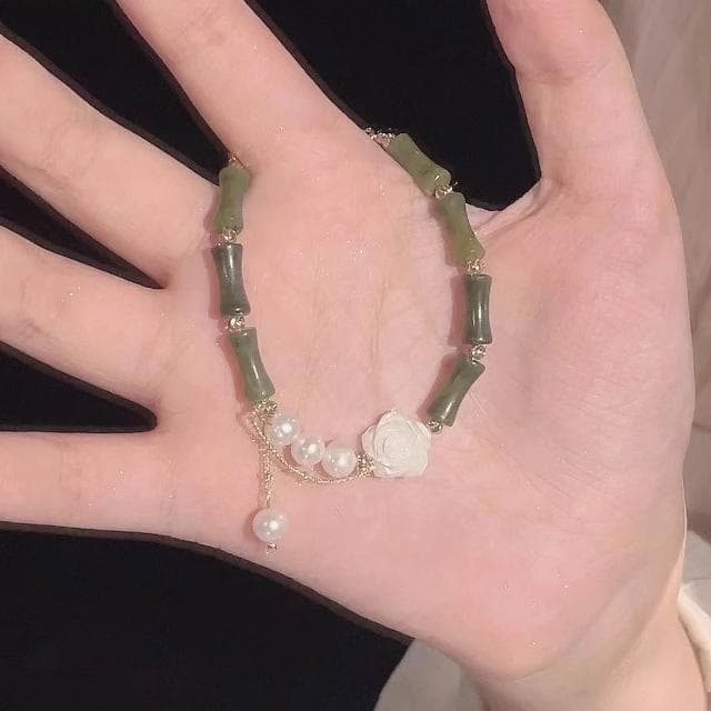 手鍊玫瑰與你新中式橄榄綠竹節手鏈女珍珠流蘇氣質高顏值手飾手鏈時尚百搭手鏈手環手鐲可調整大小精緻甜美手鍊情侶手繩送禮禮物