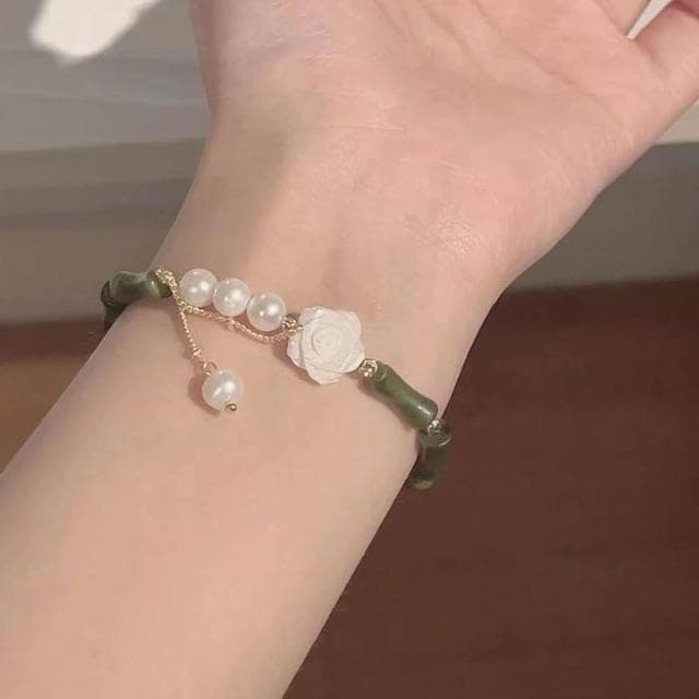手鍊玫瑰與你新中式橄榄綠竹節手鏈女珍珠流蘇氣質高顏值手飾手鏈時尚百搭手鏈手環手鐲可調整大小精緻甜美手鍊情侶手繩送禮禮物