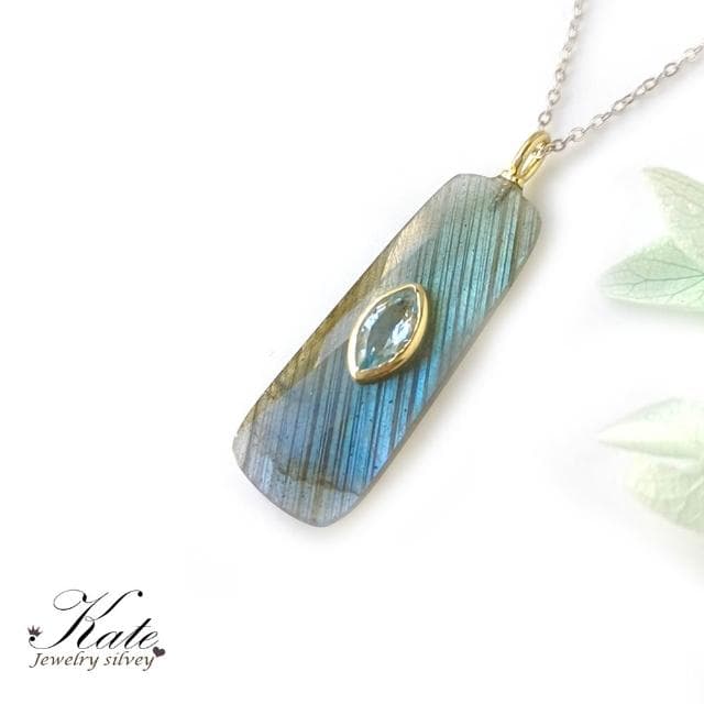 【KATE】銀飾 極簡天然拉長石拓帕石純銀項鍊 超美藍綠光 手工款 閃石系 激發靈感 藝術家之石 生日禮物 情人禮物