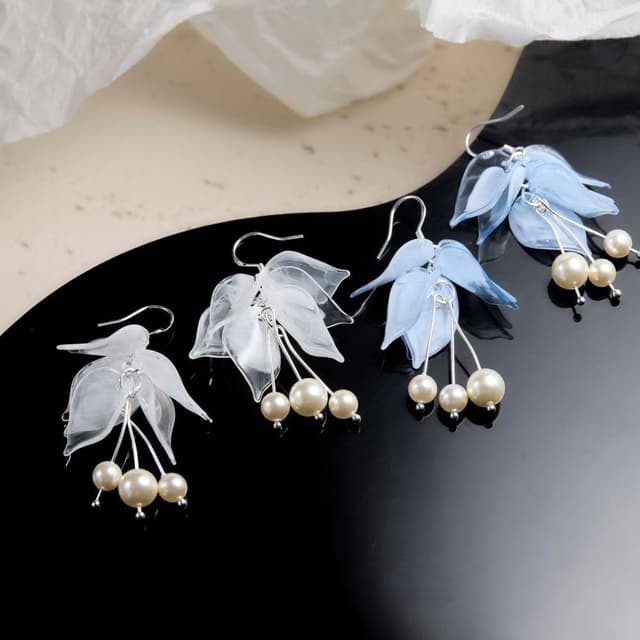 耳環少女的裙擺手作夏季淡藍色花朵流蘇耳環法式溫柔度假風耳夾女耳環耳釘耳飾女生耳環法式耳環流行百搭耳釘生日禮物貼耳耳環