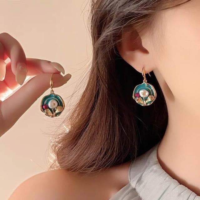 耳環莫奈花園油畫風花朵珍珠耳環時尚氣質耳釘宮廷風輕奢文藝耳飾耳環耳釘耳飾女生耳環法式耳環流行百搭耳釘生日禮物貼耳耳環