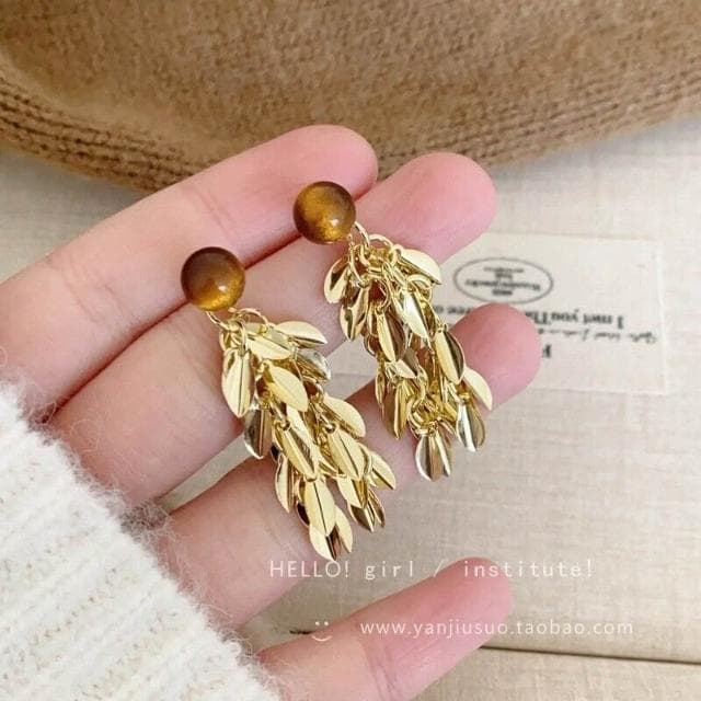 耳環金色羽翼~美拉德虎眼麥穗流蘇耳環女春夏高級感耳釘方圓臉耳飾 耳環耳釘耳飾女生耳環法式耳環流行百搭耳釘生日禮物貼耳耳環