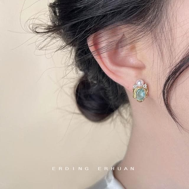 耳環海藍寶鍍14K微鑲锆石文藝通勤百搭創意設計耳飾新款耳釘飾品 耳環耳釘耳飾女生耳環法式耳環流行百搭耳釘生日禮物貼耳耳環