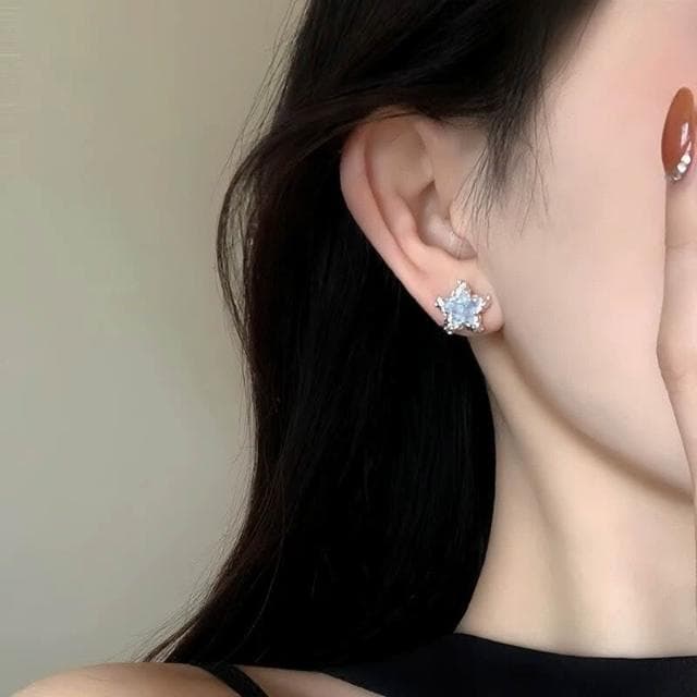 買一送一耳環五角星藍色晶石耳釘女夏季氣質百搭清新簡約耳環小眾設計耳環耳釘耳飾女生耳環法式耳環流行百搭耳釘生日禮物貼耳耳環