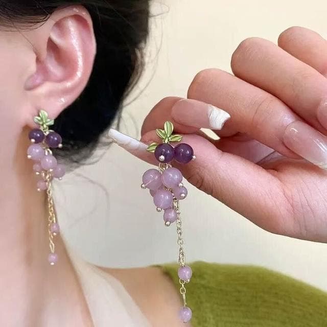 耳環s銀針小清新百搭花朵耳釘輕奢小眾高級感紫色葡萄耳環網紅耳墜 耳環耳釘耳飾女生耳環法式耳環流行百搭耳釘生日禮物貼耳耳環