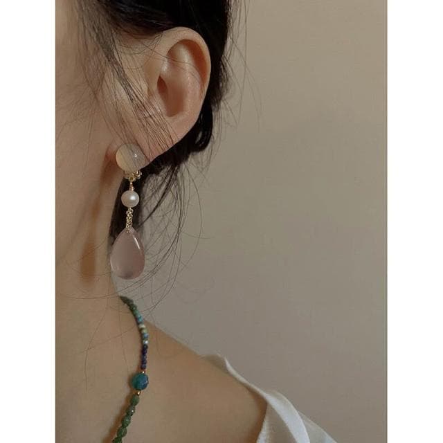 耳環胭脂新中式氣質中國風粉色水滴溫柔耳環耳夾漢服旗袍配飾耳環耳釘耳飾女生耳環法式耳環流行百搭耳釘生日禮物貼耳耳環