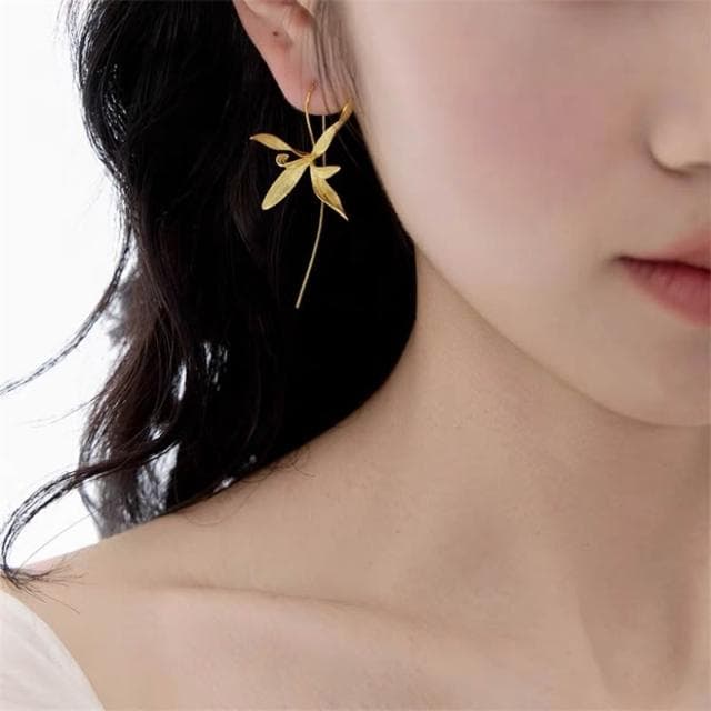 🎗飾間首飾鋪 水墨國畫風蘭花草耳環耳鉤款新中式國風文藝小眾設計拉絲金屬耳飾