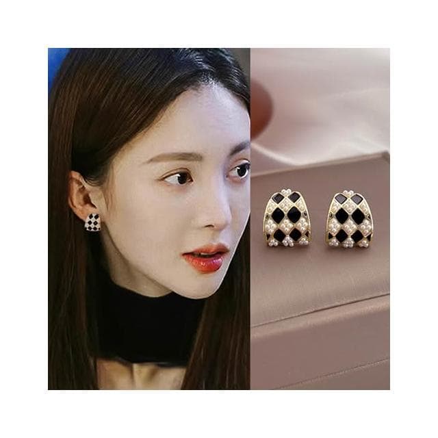 🎗飾間首飾鋪 復古棋盤珍珠耳環女爆款耳環耳夾無耳洞高級感耳飾