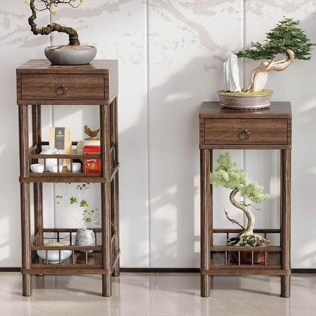 新中式花架 禪意置物架 落地花臺架 室內擺放花架 客廳花幾 盆栽展示台 帶抽花架桌 楠竹仿古植物台