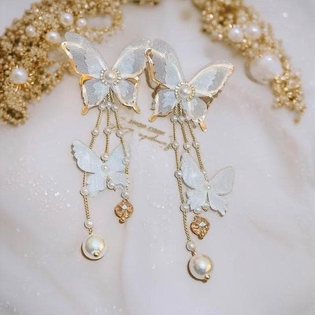 {遇見臻品}BG416新娘超仙氣復古風耳環仙女白蝶白色蝴蝶耳環流蘇耳環超仙網紗蝴蝶耳環ins超仙個性耳飾蝴蝶鑲鑽珍珠耳環